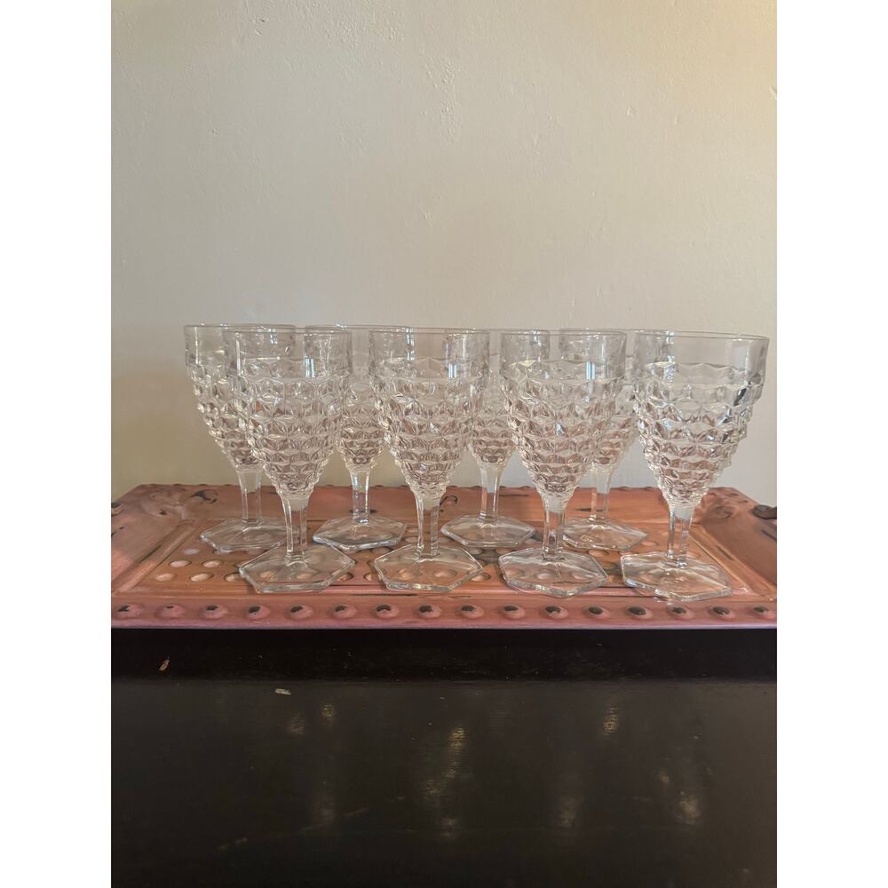 Fostoria American Iced Tea Goblets Set of 8 Clear Glass Cube Pattern 7” Stemware